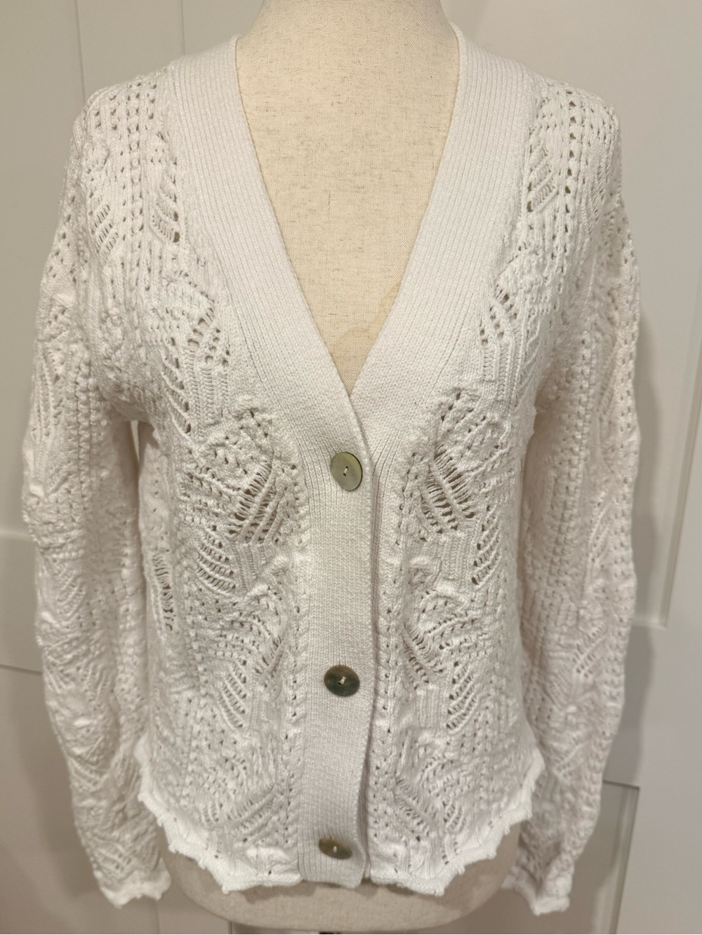 Vince White Open-Knit V-Neck Button Cardigan - Picture 3 of 11